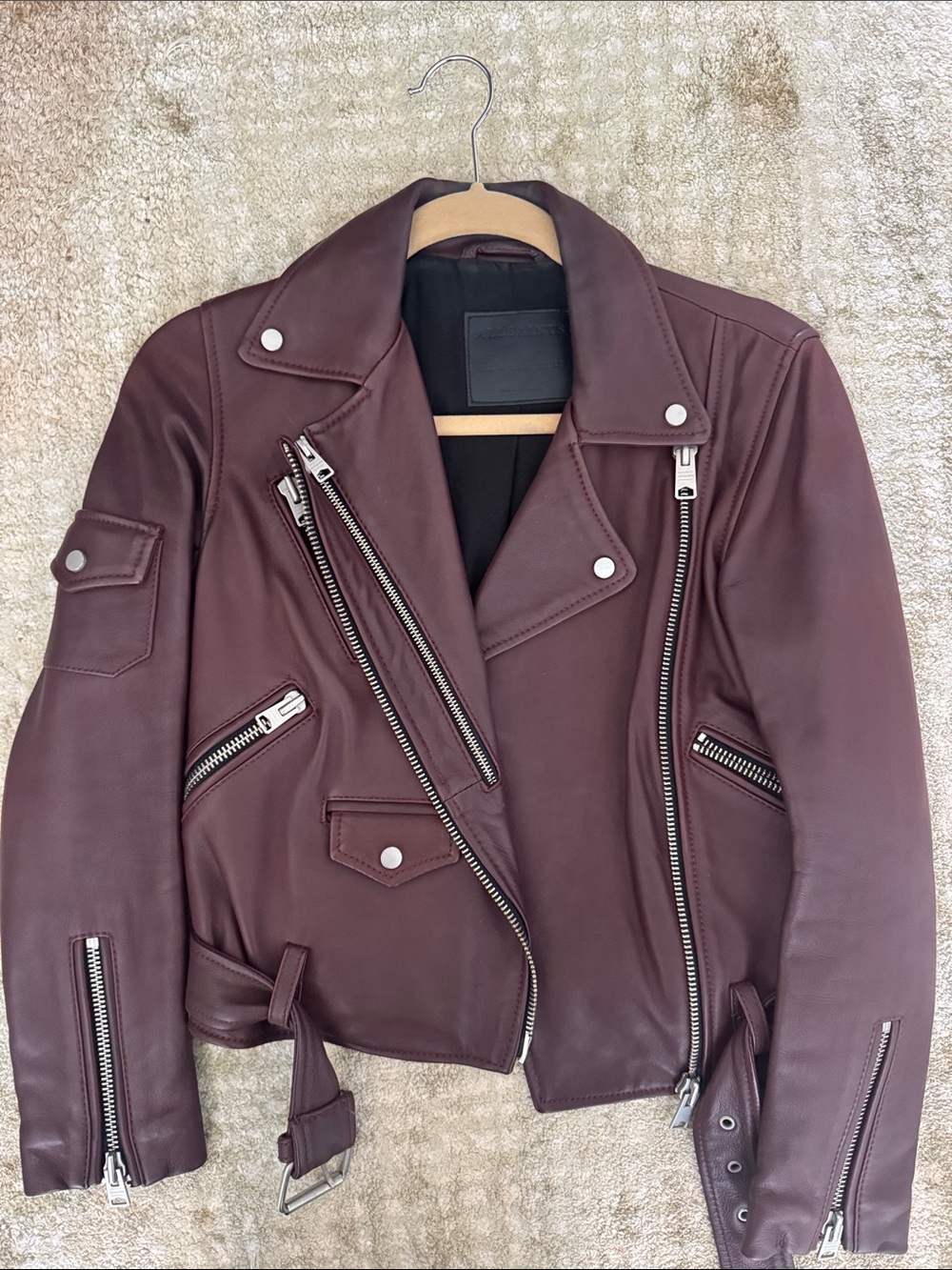 AllSaints Harland Burgundy Leather Moto Jacket